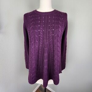 Cable Knit Sweater with Open Back Tie Detail - Purple Tunic Pullover, Women's S
